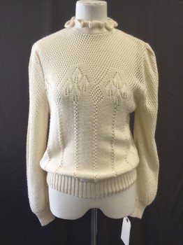 CRISTEN STEVENS, Cream, Acrylic, Solid, Self Eyelet and Leaf Stitch Crochet, Ruffle Mock Neck, Puff Long Sleeve, Pullover, Center Back 2 Button Keyhole,