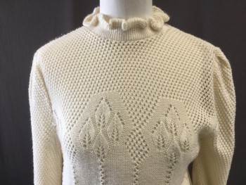 CRISTEN STEVENS, Cream, Acrylic, Solid, Self Eyelet and Leaf Stitch Crochet, Ruffle Mock Neck, Puff Long Sleeve, Pullover, Center Back 2 Button Keyhole,