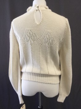 Womens, Sweater, CRISTEN STEVENS, Cream, Acrylic, Solid, W26, B36, Self Eyelet and Leaf Stitch Crochet, Ruffle Mock Neck, Puff Long Sleeve, Pullover, Center Back 2 Button Keyhole,