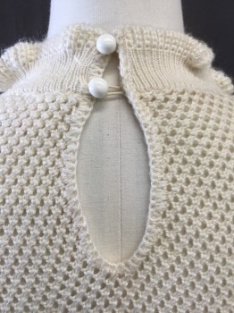 Womens, Sweater, CRISTEN STEVENS, Cream, Acrylic, Solid, W26, B36, Self Eyelet and Leaf Stitch Crochet, Ruffle Mock Neck, Puff Long Sleeve, Pullover, Center Back 2 Button Keyhole,