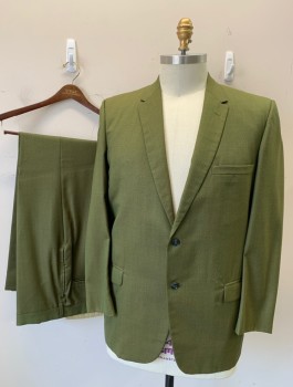 Mens, 1960s Vintage, Suit, Jacket, DONZINI, Avocado Green, Wool, Speckled, 44R, Single Breasted, Thin Notched Lapel, 2 Buttons, 3 Pockets,