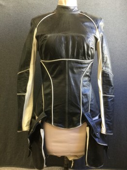 Womens, Sci-Fi/Fantasy Top, MTO, Black, White, Leather, Color Blocking, W27, B37, H37, Stand Collar, Back Zipper, Long Sleeves with Forearm Zippers, Shoulder Pads, Fitter Through Hips, Attached Saddlebags, Piping, Club, High Fashion
