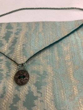 N/L MTO, Sea Foam Green, Ecru, Silk, Abstract , Textured Brocade, 3 Seafoam Tassles at Bottom, 1 Button and Loop Closure, Envelope Style, Thin Corded Strap, Dark Green Solid Lining, Made To Order