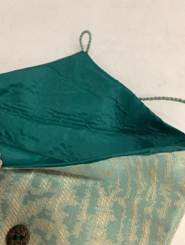 N/L MTO, Sea Foam Green, Ecru, Silk, Abstract , Textured Brocade, 3 Seafoam Tassles at Bottom, 1 Button and Loop Closure, Envelope Style, Thin Corded Strap, Dark Green Solid Lining, Made To Order