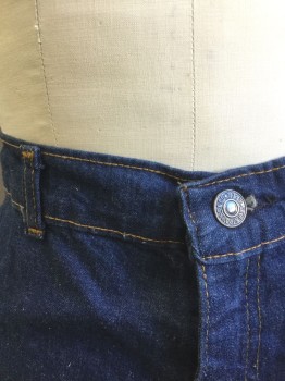 LEVI'S, Denim Blue, Cotton, Solid, Medium Blue Denim, Tan Top Stitching, Zip Fly, A-Line, Midi Mid Calf Length, Belt Loops, 2 Patch Pockets in Back