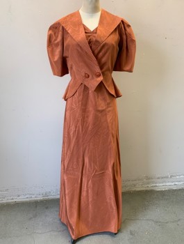 Womens, Evening Gown, N/L, Rust Orange, Silk, Solid, Moire, W:26, B:34, Faille, 1" Wide Straps, Inverted V Shape Seam at Empire Waist, Gathered at Center Front Bust, Floor Length, Brown Rose Shaped Buttons Down Back, Old Hollywood Glamour
