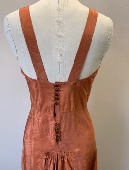Womens, Evening Gown, N/L, Rust Orange, Silk, Solid, Moire, W:26, B:34, Faille, 1" Wide Straps, Inverted V Shape Seam at Empire Waist, Gathered at Center Front Bust, Floor Length, Brown Rose Shaped Buttons Down Back, Old Hollywood Glamour