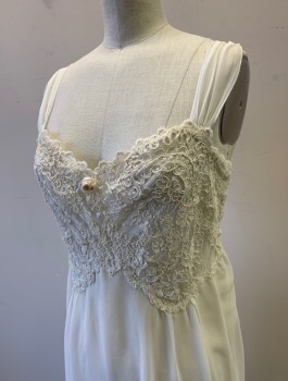 N/L, Off White, Polyester, Solid, Peignor Set, Nightie, Lace Bust/Upper Body, Sheer 1" Wide Gathered Chiffon Straps, Jagged Waistline, Hem Above Knee,