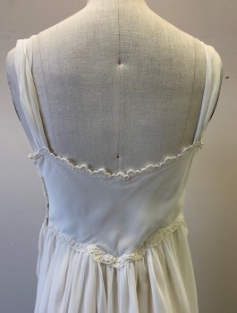Womens, 1980s Vintage, Piece 1, N/L, Off White, Polyester, Solid, W:28, B:33, Peignor Set, Nightie, Lace Bust/Upper Body, Sheer 1" Wide Gathered Chiffon Straps, Jagged Waistline, Hem Above Knee,