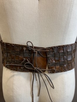 TIRELLI ROMA, Dk Brown, Brown, Leather, Patchwork, Aged, Woven, Tie Back