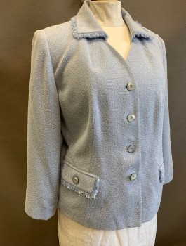 Womens, Suit, Jacket, SAG HARBOR, Powder Blue, White, Black, Polyester, Rayon, Speckled, Sz.16W, Bumpy Textured Boucle, Single Breasted, 4 Buttons, Collar Attached, Fringe Edge at Collar and 2 Hip Pocket Flaps, Padded Shoulders