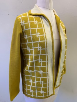 Womens, 1960s Vintage, Suit, Jacket, N/L, Mustard Yellow, Cream, Polyester, Geometric, Solid, B38-40, Jacket, Knit, Crosshatched Pattern at Front Torso, Solid Mustard Long Sleeves, Cream Collar Attached, Open Front with No Closures, Boxy Fit,
