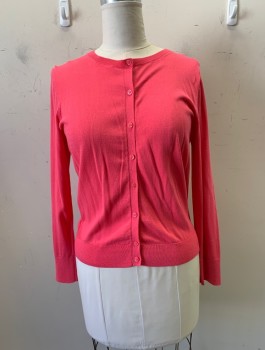 Womens, Cardigan Sweater, ANN TAYLOR LOFT, Coral Pink, Cotton, Solid, L, Round Neck, L/S, Button Front