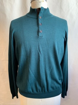 Mens, Pullover Sweater, BROOKS BROTHERS, Forest Green, Wool, Solid, XL, 4 Button Placket with Polyester Faux Brown Suede Trim, Ribbed Knit High Neck, Long Sleeves, Ribbed Knit Waistband/Cuff