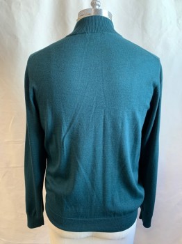 Mens, Pullover Sweater, BROOKS BROTHERS, Forest Green, Wool, Solid, XL, 4 Button Placket with Polyester Faux Brown Suede Trim, Ribbed Knit High Neck, Long Sleeves, Ribbed Knit Waistband/Cuff