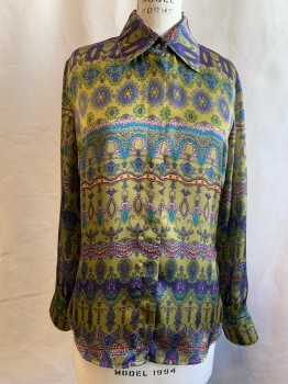 Womens, Blouse, FARINAZ TAGHAVI, Olive Green, Purple, Lavender Purple, Blue, Orange, Polyester, 8, Abstract Stripes, Mother of Pearl Button Front, Collar Attached, Long Sleeves, Button Cuff, Multiple *1 Missing Button, Others Starting to Shatter*