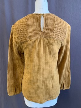 Womens, Top, MADEWELL, Ochre Brown-Yellow, Cotton, Solid, S, Textured Cotton, Stitched Stripes Yoke, Gathered at Yoke, Keyhole Back, Long Sleeves, Keyhole with Button at Sleeve Hem
