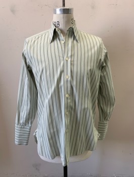 Mens, Shirt, DARCY CLOTHING, Off White, Green, Black, Cotton, Stripes - Vertical , M, 14/32, B.F., L/S,