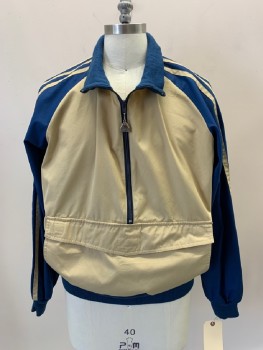 Mens, Jacket, PACIFIC TRAIL , Khaki Brown, Blue, Poly/Cotton, Color Blocking, L, Pullover, Z/F Placket, 1 Pouch Pkt with Velcro Flap