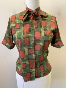 SIGNOR GIOVELLI, Brick Red, Sage Green, Olive Green, Black, Poly/Cotton, Abstract , Squares, 1/2 Sleeves with Folded Cuffs, Band Collar with Self Ties, Button Front, Unfinished Edge at Hem,