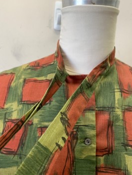 SIGNOR GIOVELLI, Brick Red, Sage Green, Olive Green, Black, Poly/Cotton, Abstract , Squares, 1/2 Sleeves with Folded Cuffs, Band Collar with Self Ties, Button Front, Unfinished Edge at Hem,