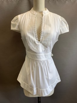 Womens, Top, BCBG, White, Cotton, Nylon, M, Mandarin Collar, V-Plunge, Loop Along Plunge, S/S, Pleated Bib, Waistband, Pleated Waist, Belted  Back, *Small Stains At End Of Plunge