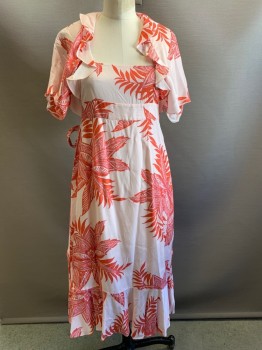 Womens, Dress, WHISTLES, Red, Ballet Pink, Viscose, Leaves/Vines , Medallion Pattern, 4, S/S, Squared Neck, Flared Trim, Wrap Around With Tie,