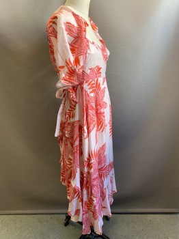 Womens, Dress, WHISTLES, Red, Ballet Pink, Viscose, Leaves/Vines , Medallion Pattern, 4, S/S, Squared Neck, Flared Trim, Wrap Around With Tie,