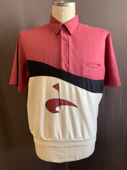 Mens, Polo Shirt, ALAN STUART, Raspberry Pink, White, Black, Cotton, Color Blocking, L, Field/Pole & Flag on Front, C.A., 1/4 Button Front, 1 Breast Pocket, S/S