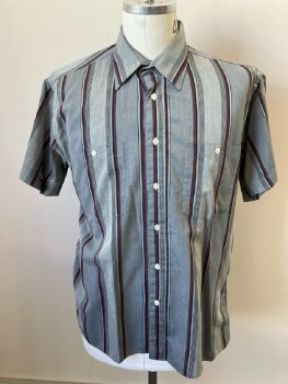 PIERRE CARDIN, 2 Tone Gray with Black/Maroon Group Vertical Stripe, C.A., B.F., Cuffed S/S, 2 Pckt,