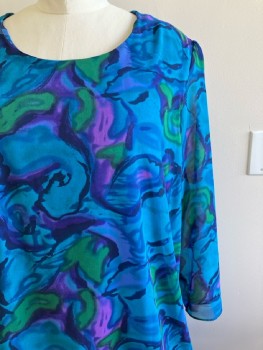 LIDA CAPUTO, Blue/ Multicolor, Abstract Print, Scoop Neck, Sheer L/S, Elastic Hip Band, Tiered Ruffle Bottom, Padded Shoulders