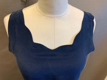 Womens, Top, CASUAL CORNER, Navy Blue, Silk, Solid, L, Sleeveless, Scalloped Neckline, Pullover, Shell,