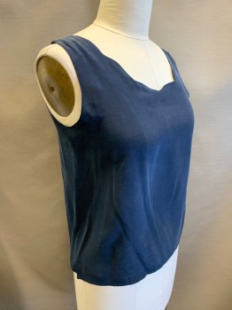 Womens, Top, CASUAL CORNER, Navy Blue, Silk, Solid, L, Sleeveless, Scalloped Neckline, Pullover, Shell,
