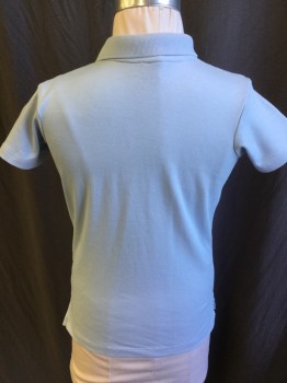 Childrens, Polo, LANDS' END, Baby Blue, Cotton, Solid, 8/9, Boy, Ribbed Knit Collar Attached, 2 Button Front, Short Sleeves,
