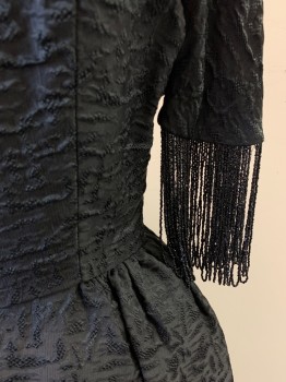 Womens, Evening Gown, NO LABEL, Black, Polyester, Textured Fabric, W26, B36, Boat Neckline, Short Sleeve with Beaded Fringe, Low Cut Back, Back Zipper,