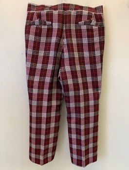 Mens, Pants, NL, Maroon Red, Red, White, Black, Polyester, Plaid, 30, 32, 5 Pockets, 2 Buttons Fasteners Triple, Right Waist, 1 Belt Loop at Front Waist