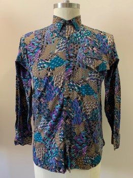 MC GREGOR, Putty/Khaki Gray, Teal Blue, Purple, Beige, Black, Cotton, Abstract , L/S, Button Front, Collar Attached, Chest Pocket,