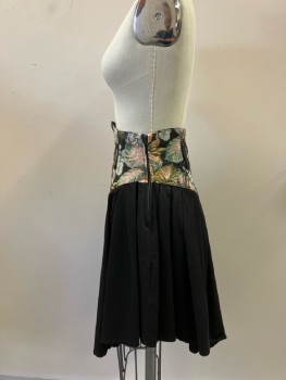 Womens, Skirt, YES, W;24, Black Pleated Full Cotton Twill with Pastel Brocade Floral Wide Princess Waistband, Belt Loops, Side Zip,