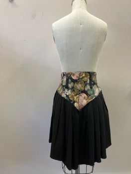 YES, Black Pleated Full Cotton Twill with Pastel Brocade Floral Wide Princess Waistband, Belt Loops, Side Zip,