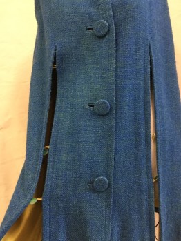 Womens, Cape/Poncho, N/L, Turquoise Blue, Green, Wool, 2 Color Weave, Tweed, L, 4 Buttons,  Collar Attached, 2 Front Slits with Button Loop Closures, Darts at Front and Back Shoulders