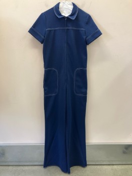Womens, Jumpsuit, SEARS, B: 34, Navy, Solid, White Stitching, C.A., Zip Front, S/S, Side Pockets, Open Hem