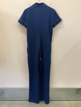 Womens, Jumpsuit, SEARS, B: 34, Navy, Solid, White Stitching, C.A., Zip Front, S/S, Side Pockets, Open Hem
