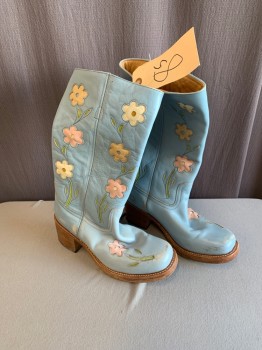Womens, Cowboy Boots, NL, Lt Blue, Leather, 8.5, Light Pink, White, Beige, & Green Floral Pattern