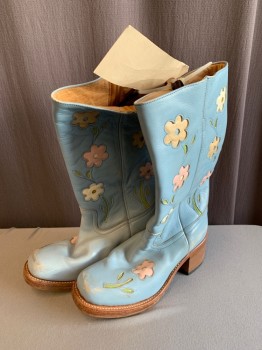 Womens, Cowboy Boots, NL, Lt Blue, Leather, 8.5, Light Pink, White, Beige, & Green Floral Pattern