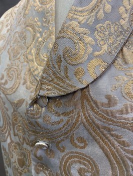 Mens, Historical Fiction Vest, N/L MTO, Gold, Champagne, Silk, Swirl , 44, Brocade, Single Breasted, Fabric Buttons, Shawl Lapel, 2 Welt Pockets, Belted Back, Back Lining is Shredding/Worn