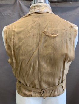 Mens, Historical Fiction Vest, N/L MTO, Gold, Champagne, Silk, Swirl , 44, Brocade, Single Breasted, Fabric Buttons, Shawl Lapel, 2 Welt Pockets, Belted Back, Back Lining is Shredding/Worn