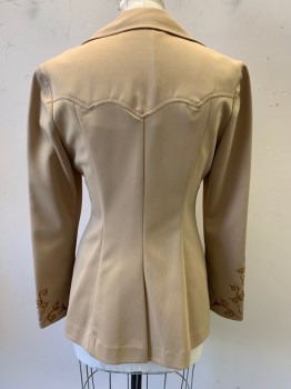 Womens, Blazer, H BarC, Khaki Brown, Caramel Brown, Polyester, Solid, W28, B34, L/S, 3 Buttons, Peaked Lapel, 2 Pockets, Embroiderred Vine and Flowers on Collar/ Sleeves, Vertical Seams