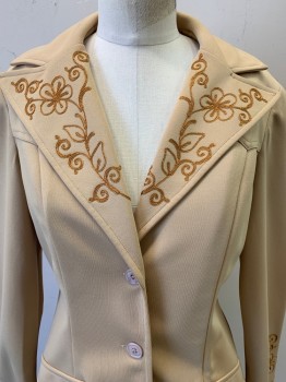 Womens, Blazer, H BarC, Khaki Brown, Caramel Brown, Polyester, Solid, W28, B34, L/S, 3 Buttons, Peaked Lapel, 2 Pockets, Embroiderred Vine and Flowers on Collar/ Sleeves, Vertical Seams