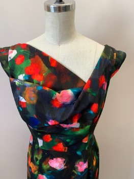 BLACK HALO, Black, Red, Green, Pink, Turquoise Blue, Synthetic, Floral, Asymmetrical Neckline, Draping In Bodice, Cap Sleeve, Scoop Back, Back Slit