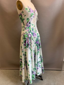 Betty Johnson, Off White, Green, Purple, Black, Cotton, Floral, Strapless, Corset Top with Front Cross Tie, Side Pockets